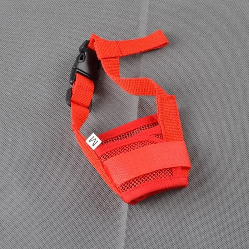 Adjustable plastic dog safety muzzle shown in multiple colours with size chart for S, M, L, XL, XXL.