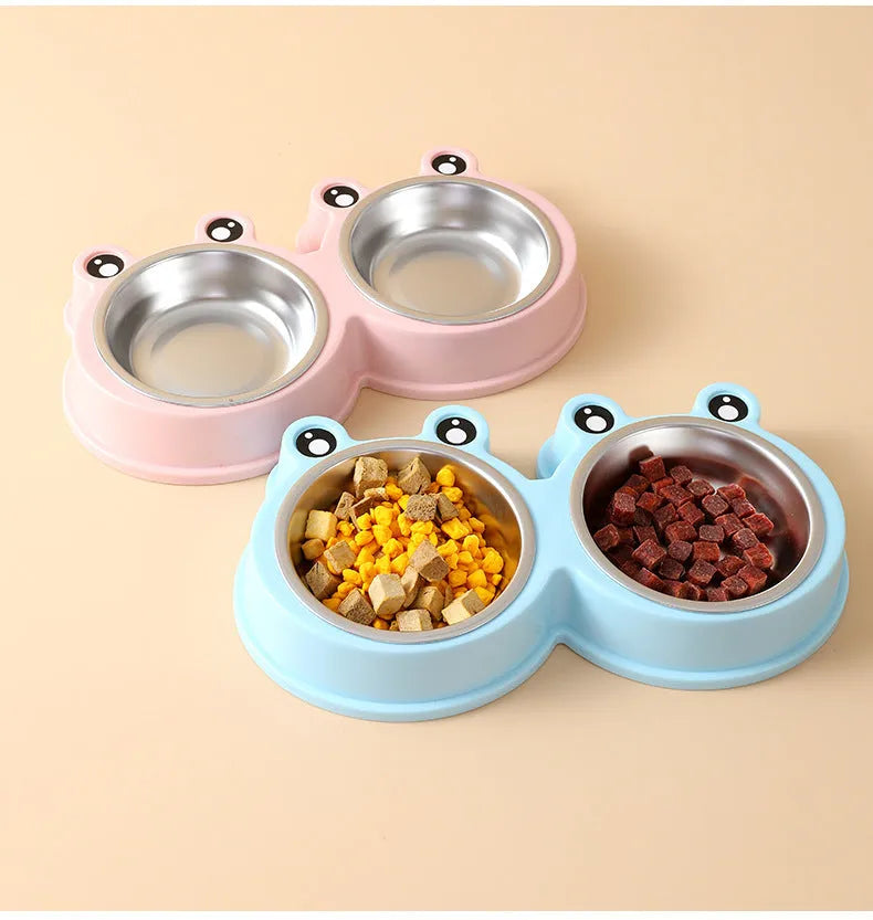 Stainless steel pet double feeding bowl with frog design in blue, green, and pink colours