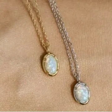 S925 sterling silver oval pendant necklace with a jelly opal stone, shown in gold and white gold plating options.