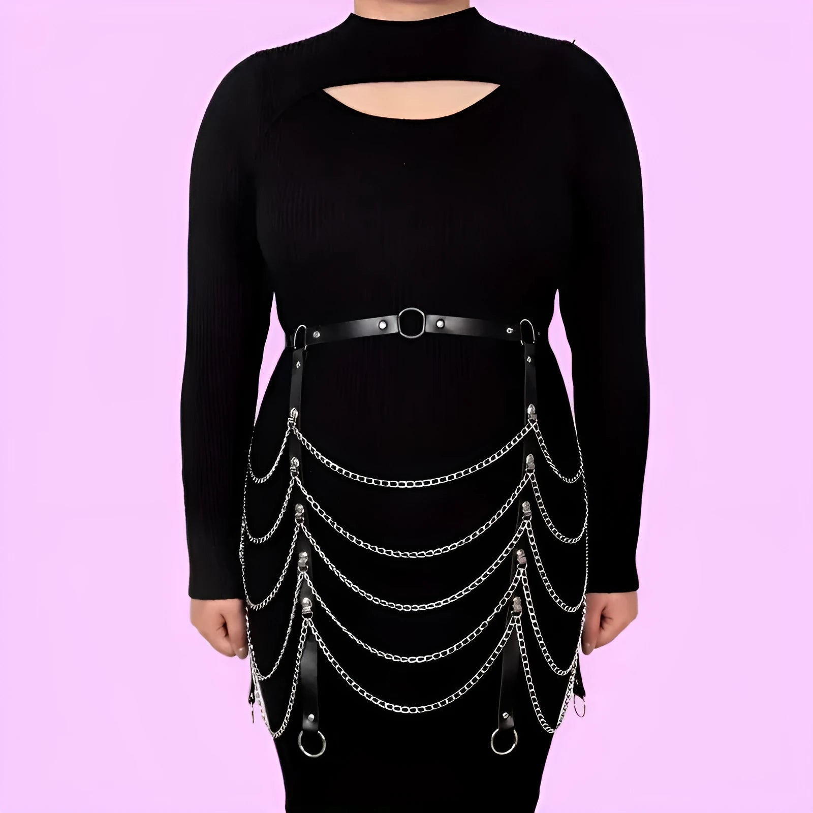 Black PU leather waist chain ornament with adjustable 110cm length draped for waist styling