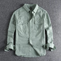 Men's loose fit long sleeve cardigan shirt in light grey, black, khaki, or green.