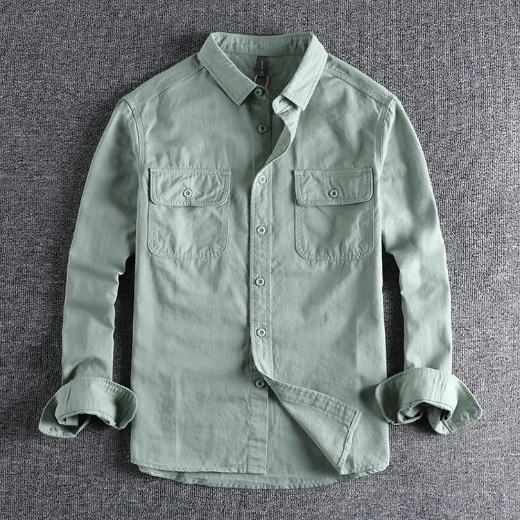 Men's loose fit long sleeve cardigan shirt in light grey, black, khaki, or green.