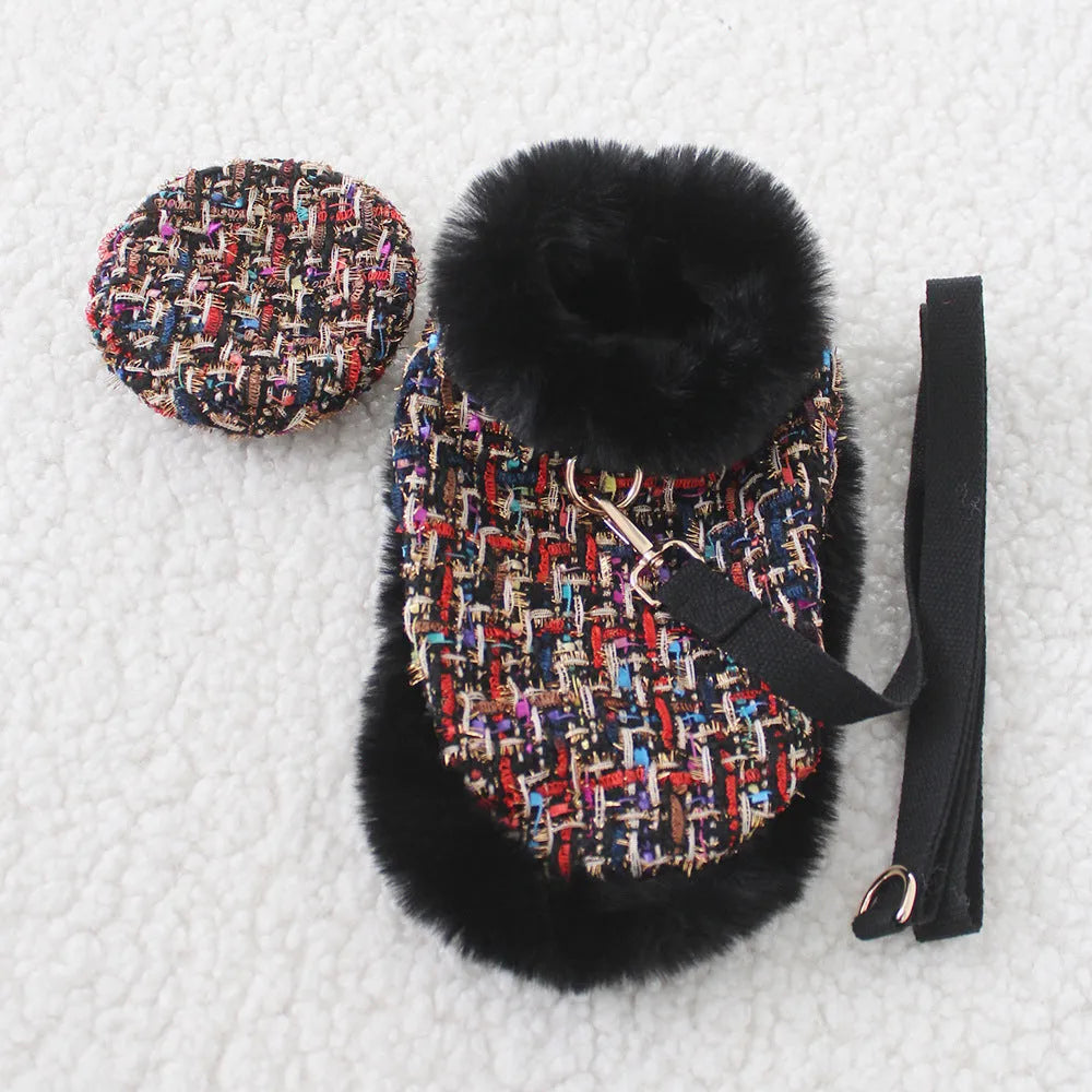 Classic dog walking cloak set with chest strap harness and hand holding rope leash in multiple styles