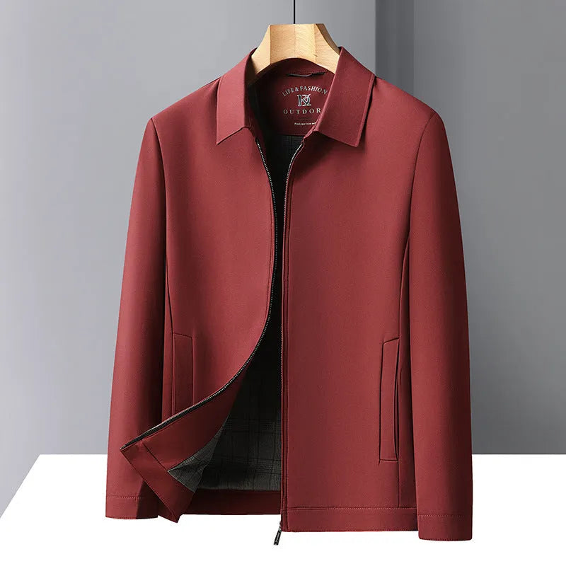 Men's solid colour polo collar casual jacket with side seam pockets in loose fit design