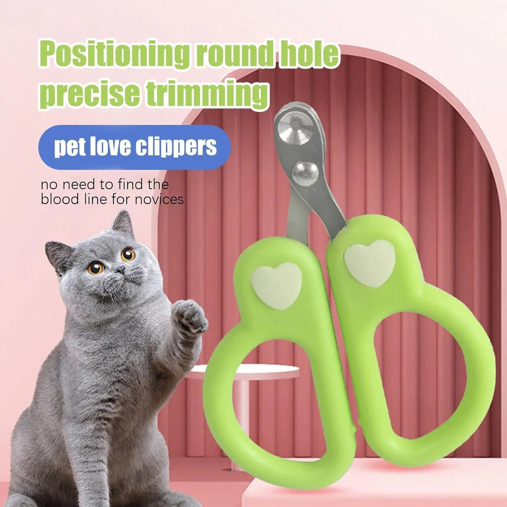 Pet nail clippers with round hole design, stainless steel blades, and ergonomic handles. Available in green or yellow.
