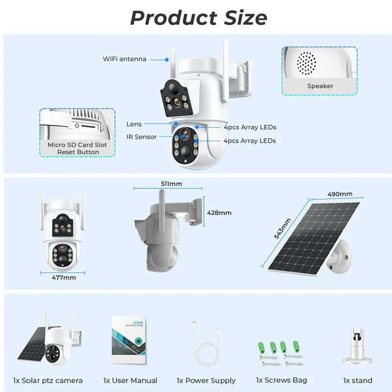 Outdoor solar-powered wireless security camera with solar panel in black and white colour option