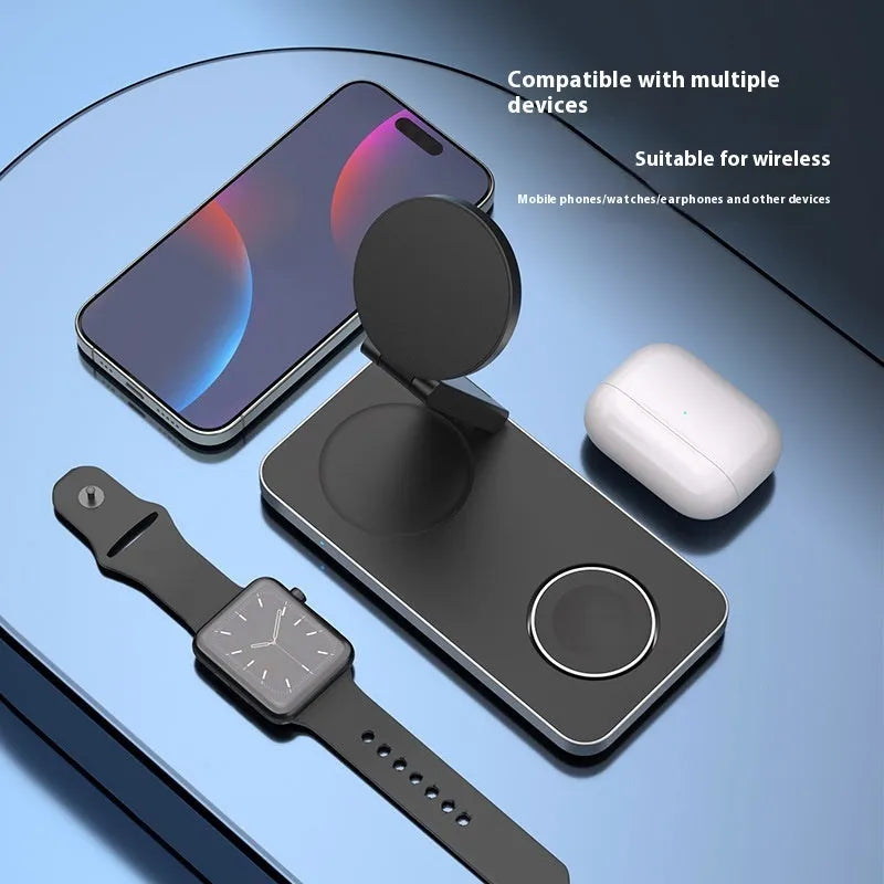 4-in-1 magnetic wireless charger in black or white metal or plastic, 150 x 75 x 29.6mm, with USB-C input and 15W phone output