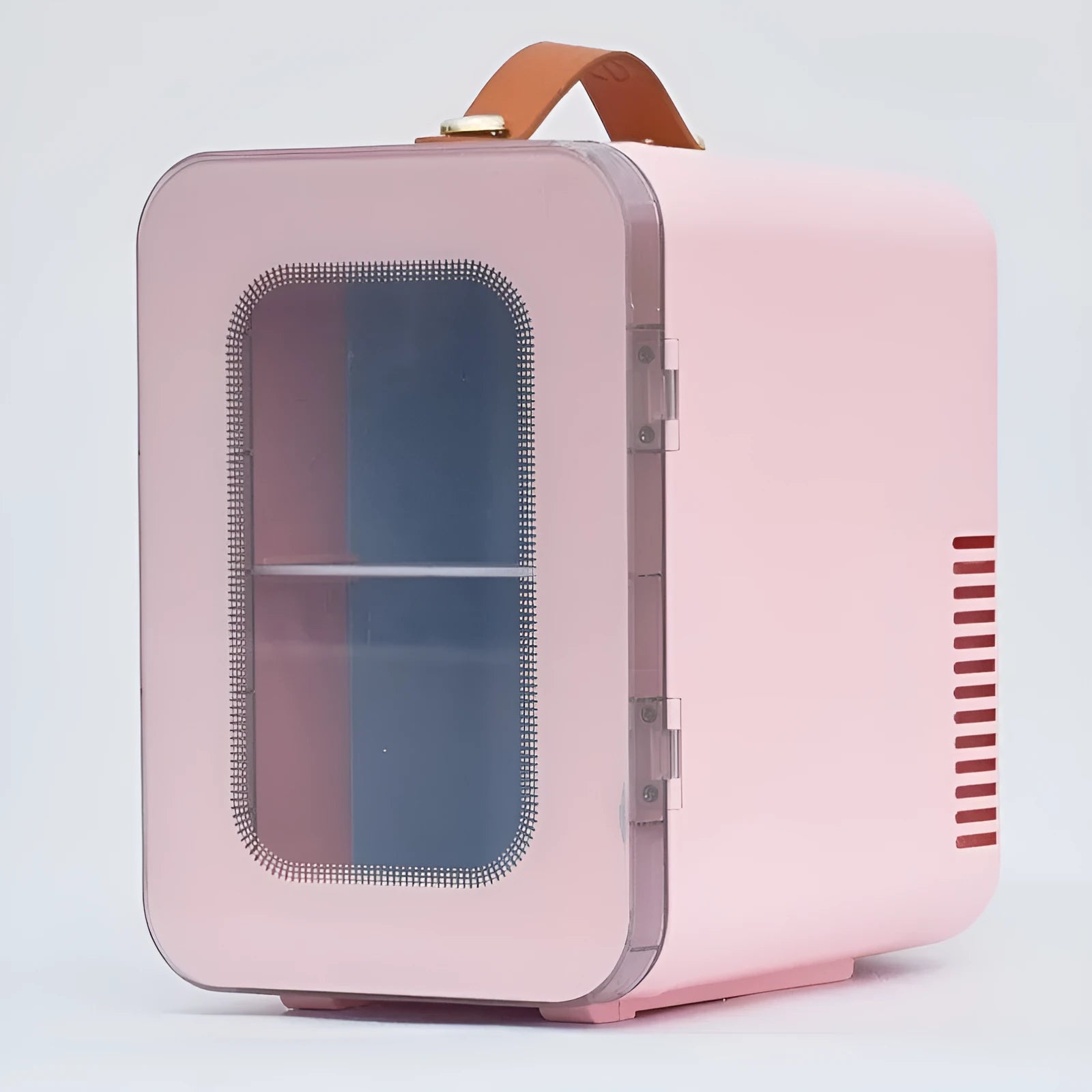 Pink mini refrigerator with transparent door showing 6L capacity for hot and cold dual-use in car and home