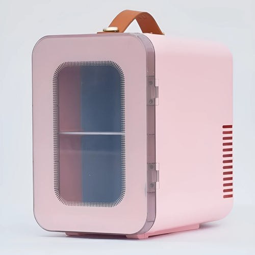 Pink mini refrigerator with transparent door showing 6L capacity for hot and cold dual-use in car and home