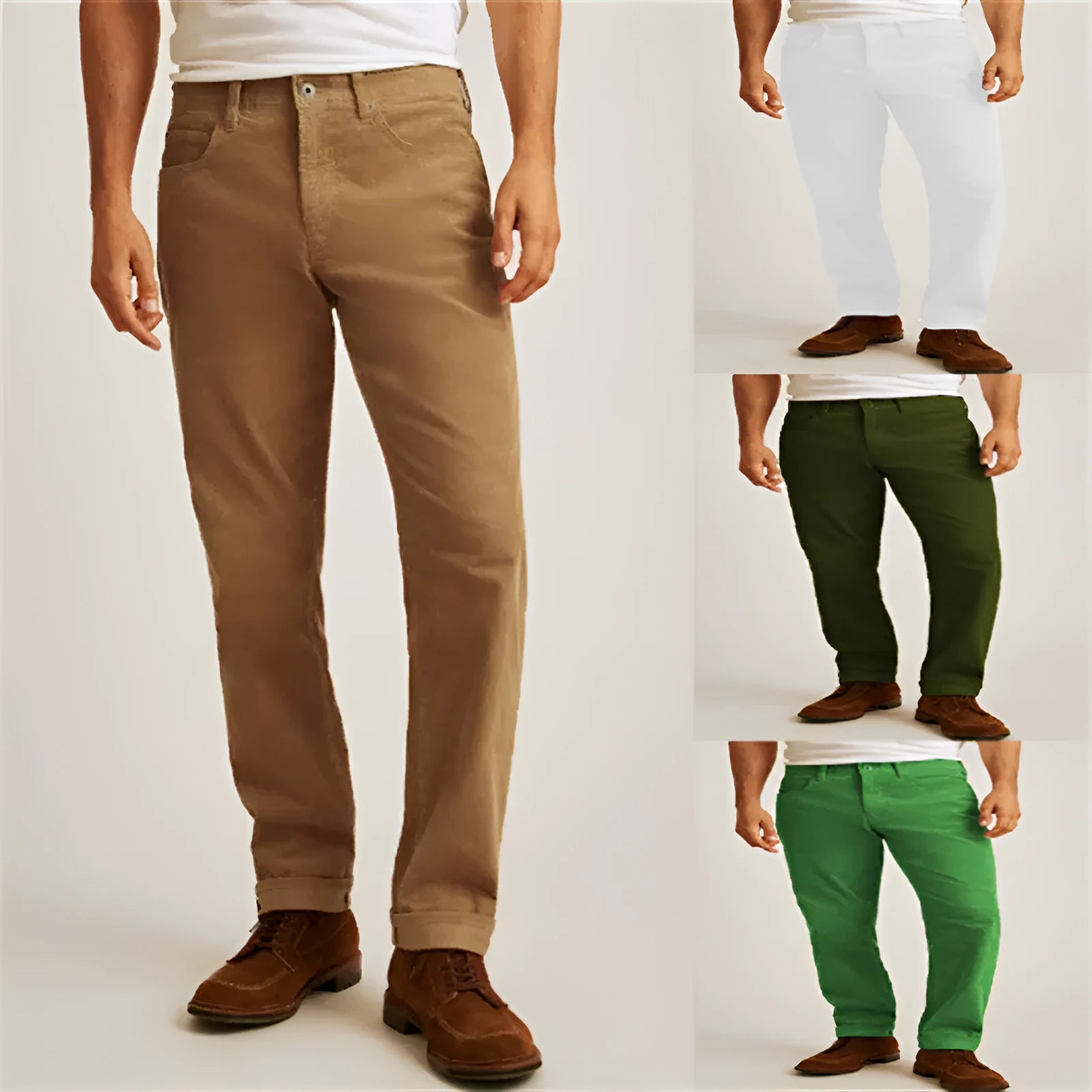 Army green corduroy straight-leg casual trousers laid flat, showing mid-waist and zip fly.