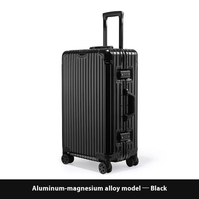 Alloy trolley case luggage in solid colour for business travel with metal construction and universal wheels