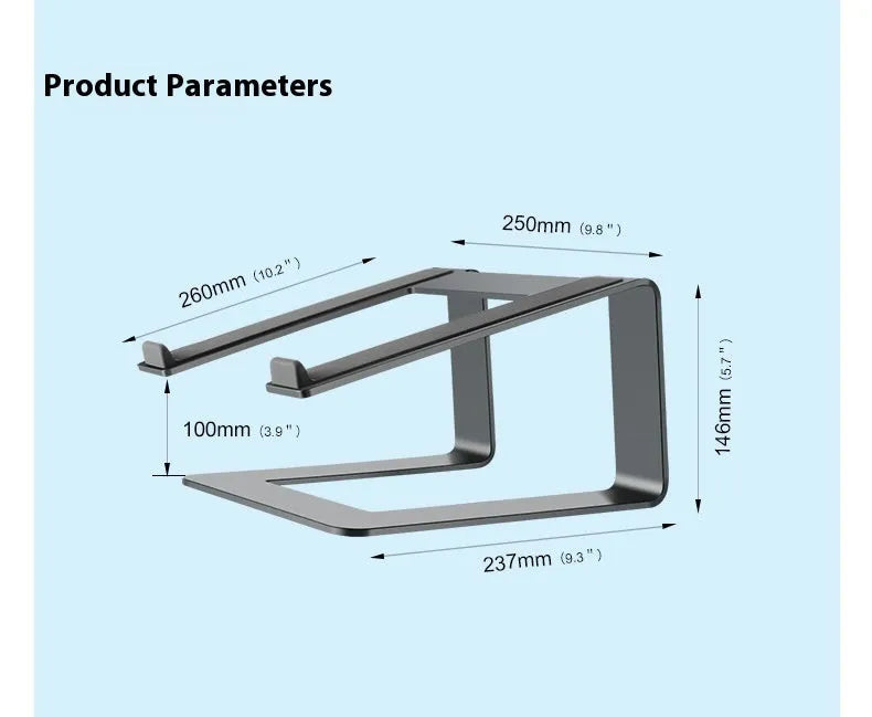 Adjustable aluminium laptop stand in black colour on desk surface