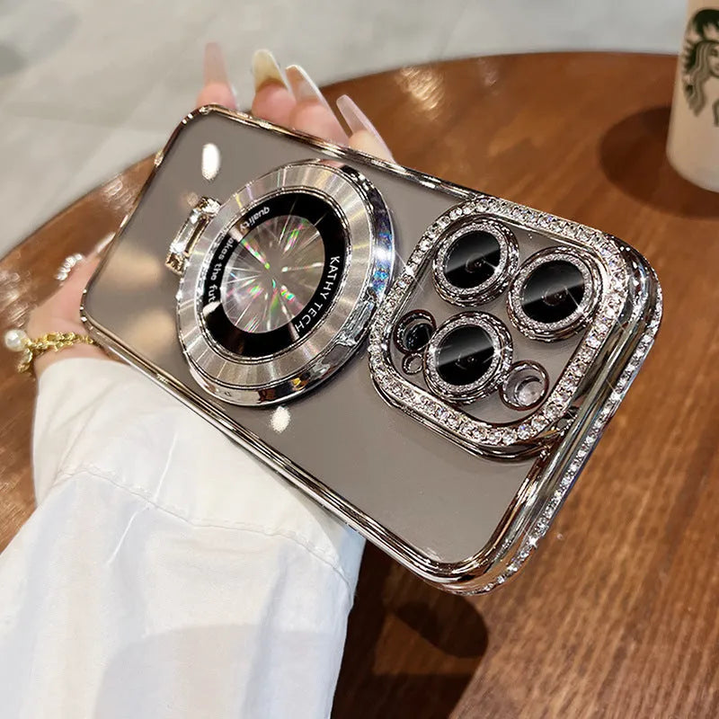 Transparent silicone phone case with rhinestone frame and magnetic bracket for Apple iPhone