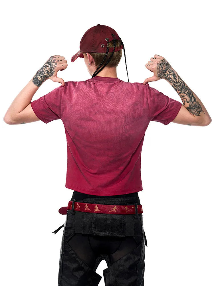 Red men's slim-fit T-shirt with a distressed texture and short sleeves.