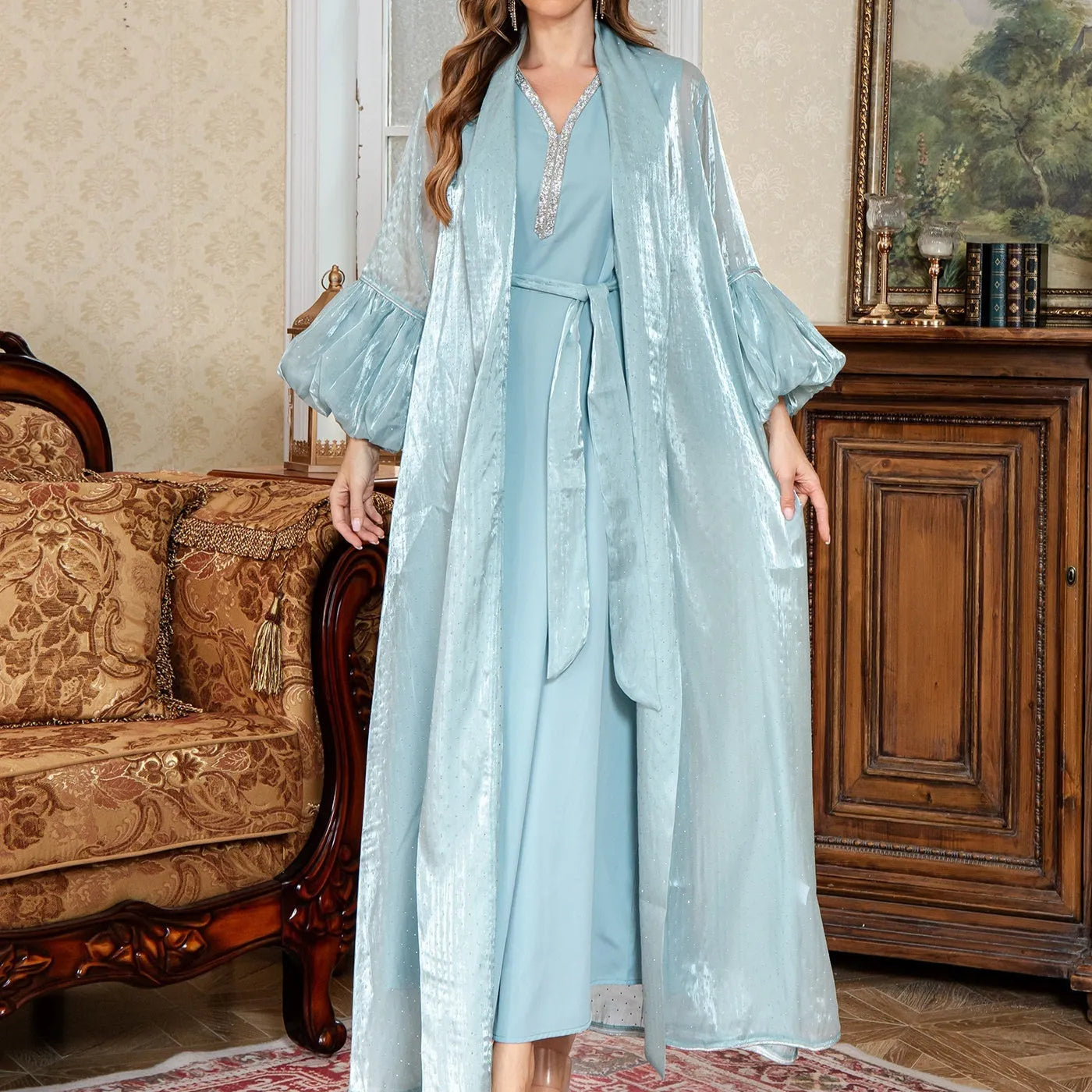 Brown Arabic two-piece set dress with rhinestone detailing and long sleeves for Dubai style evening wear
