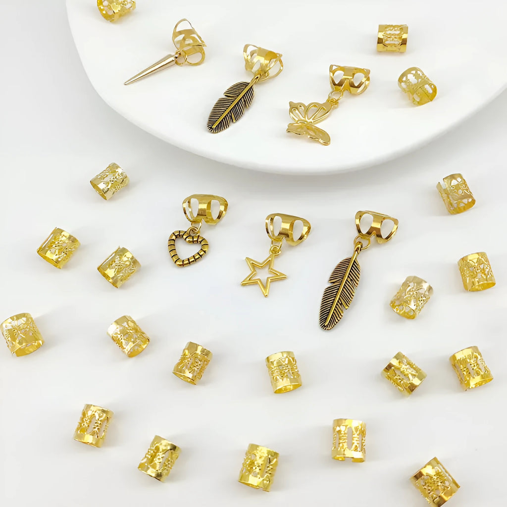 Set of 52 antique style alloy hair rings with leaf design in gold or silver for braiding