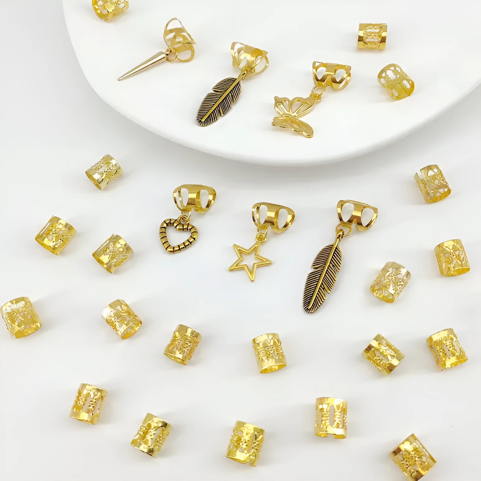 Set of 52 antique style alloy hair rings with leaf design in gold or silver for braiding