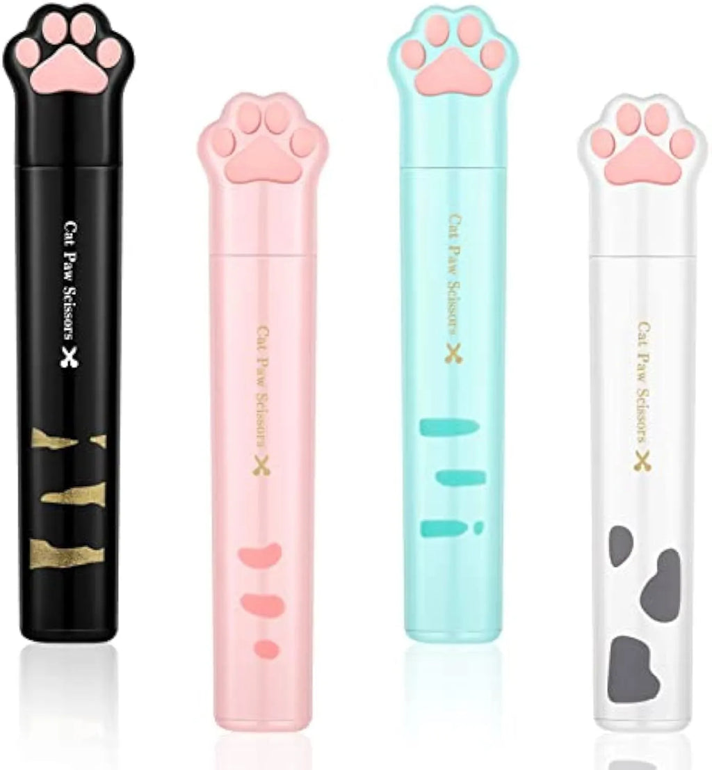 Cat paw design mini folding scissors with stainless steel blades shown open and closed