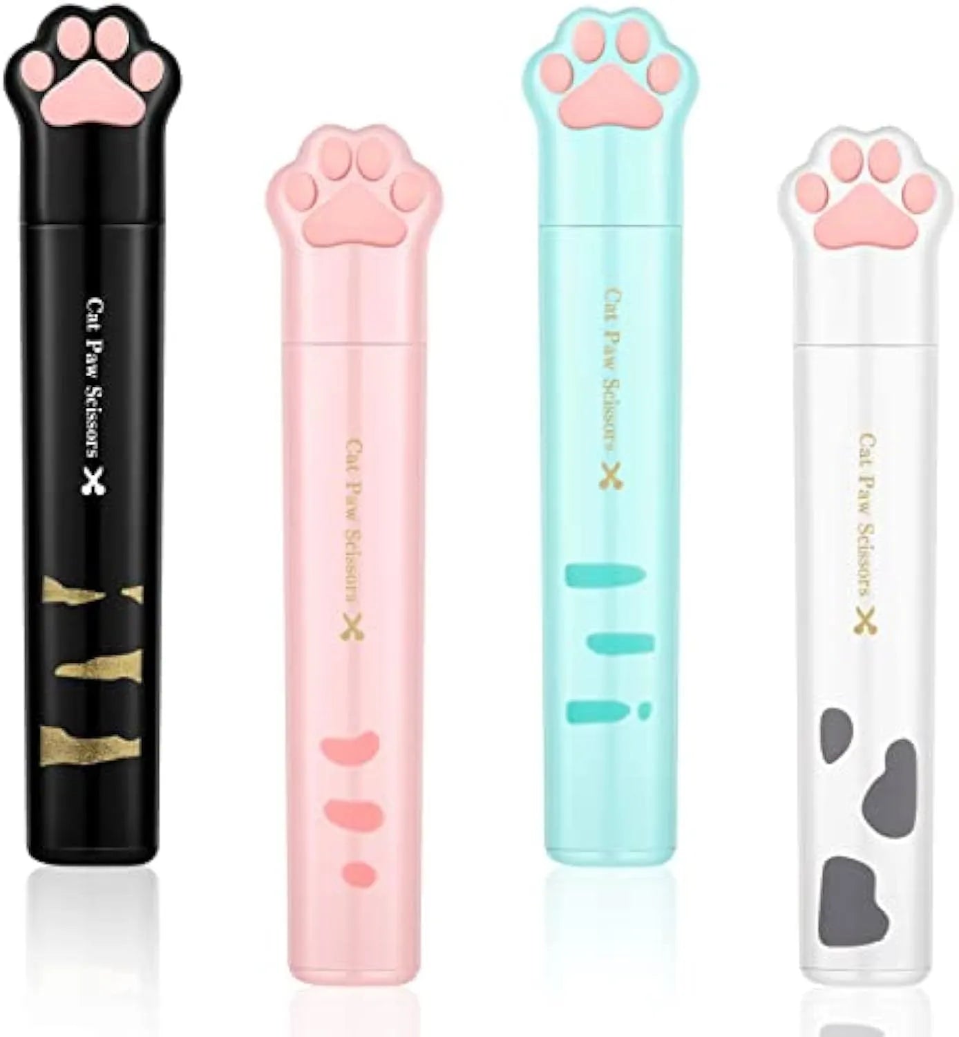 Cat paw design mini folding scissors with stainless steel blades shown open and closed