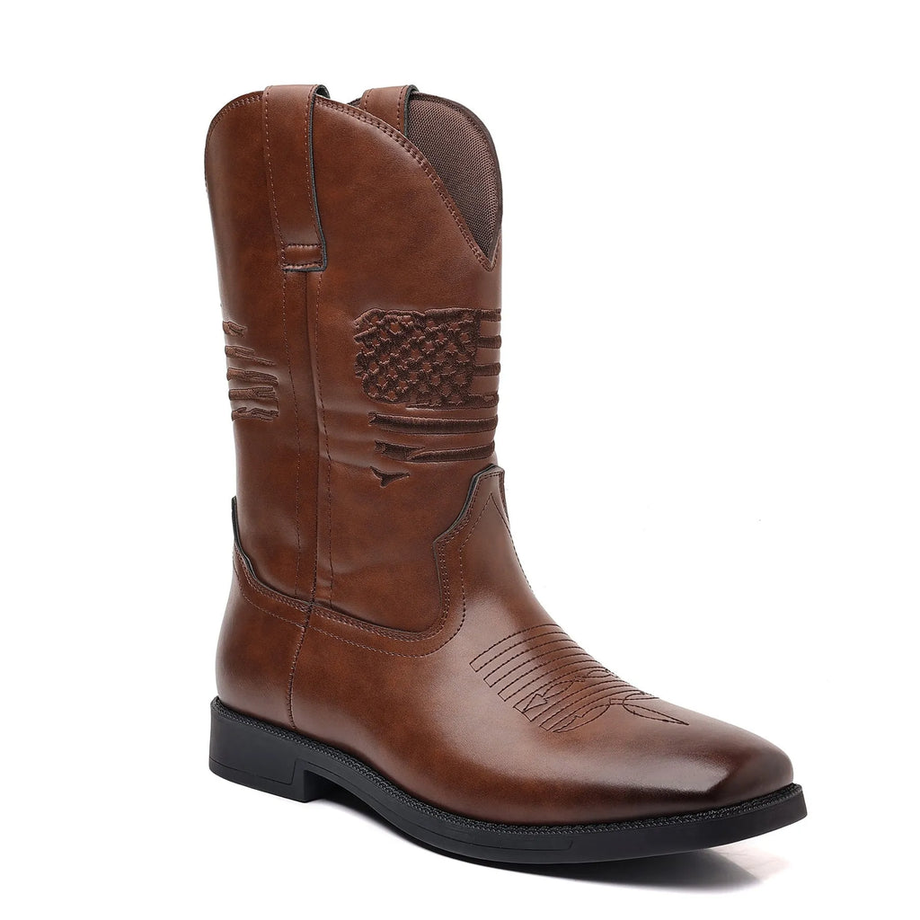 Men's brown retro cowboy boots with a square toe and horseshoe heel on a white background.