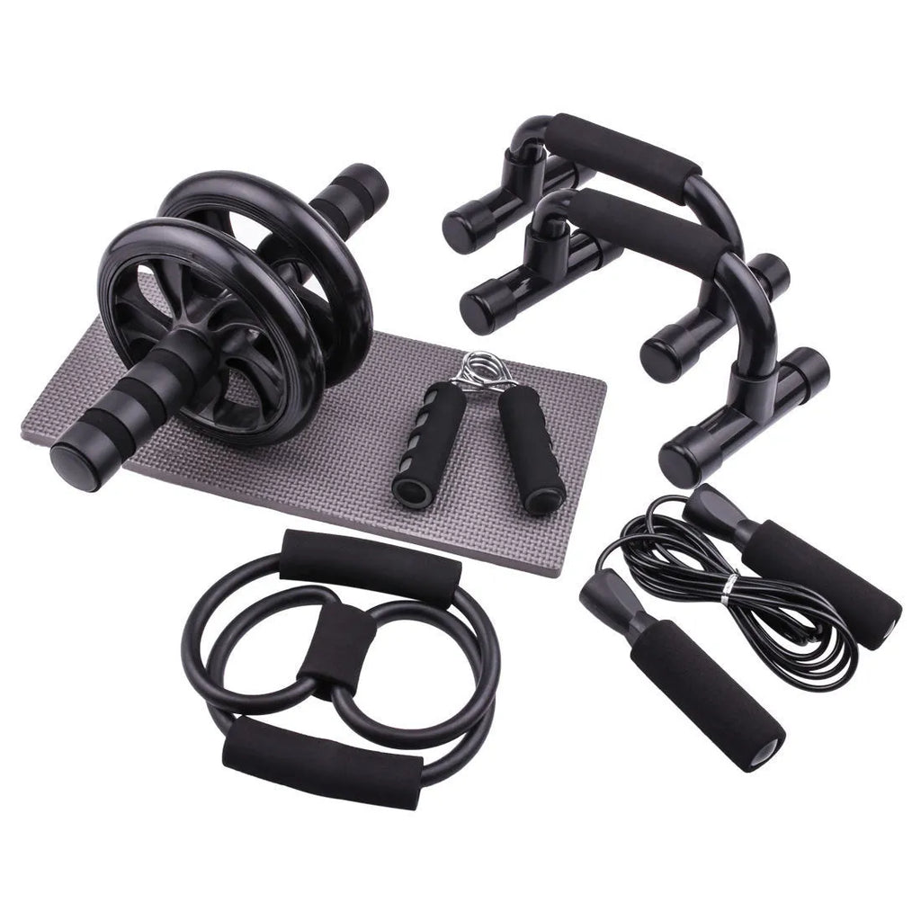 Set of seven abdominal wheel push-up brackets in red, green, black, and blue colours for indoor fitness