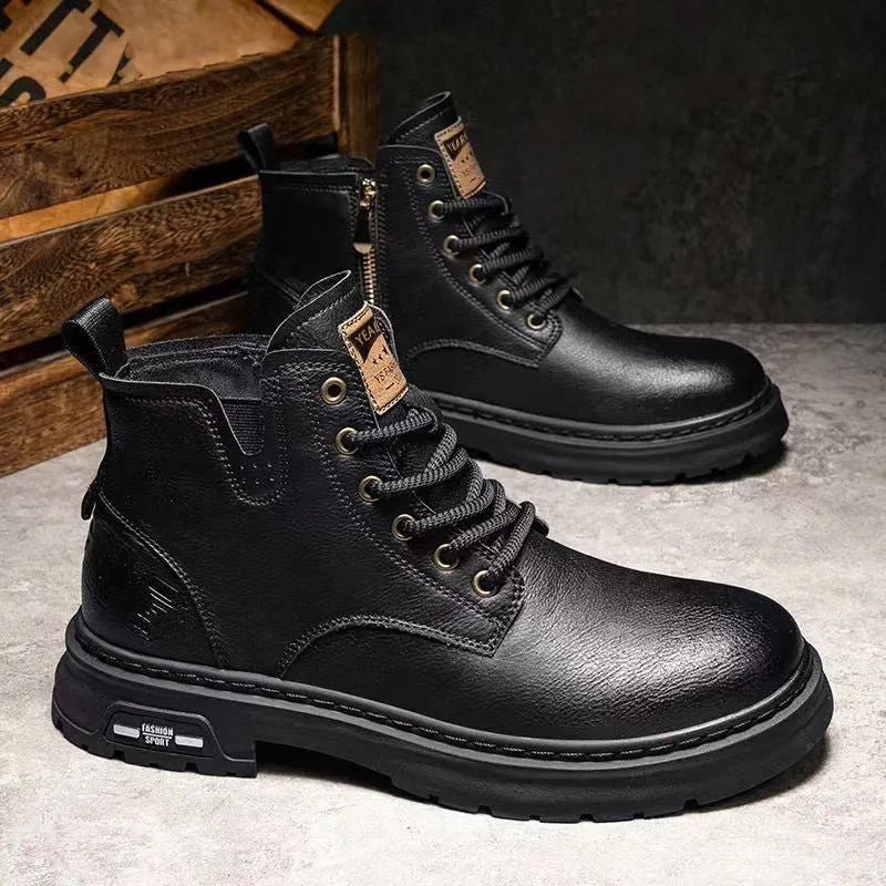 Men's retro British style ankle boots in black or brown with round toe and artificial PU upper, sizes 39-44