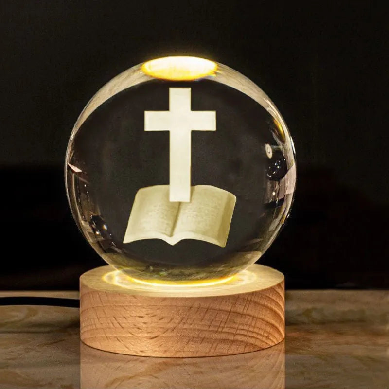 6cm white crystal religious ornament on wooden base with warm lighting