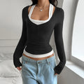 Women's colourblock fake two-piece suspender long-sleeved T-shirt in black, front view, slim fit, polyester knit