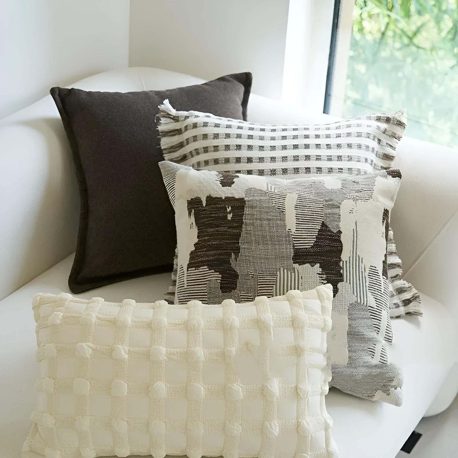 Coffee brown striped mid-century modern lumbar cushion on a grey sofa.