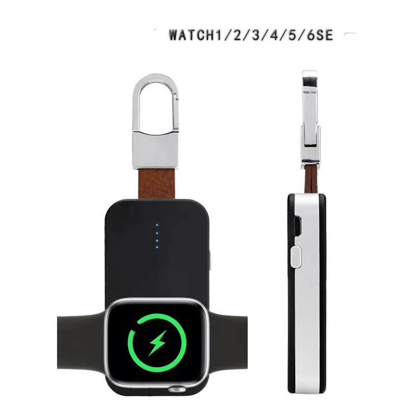 Black Apple Watch portable wireless charger power bank with keychain loop