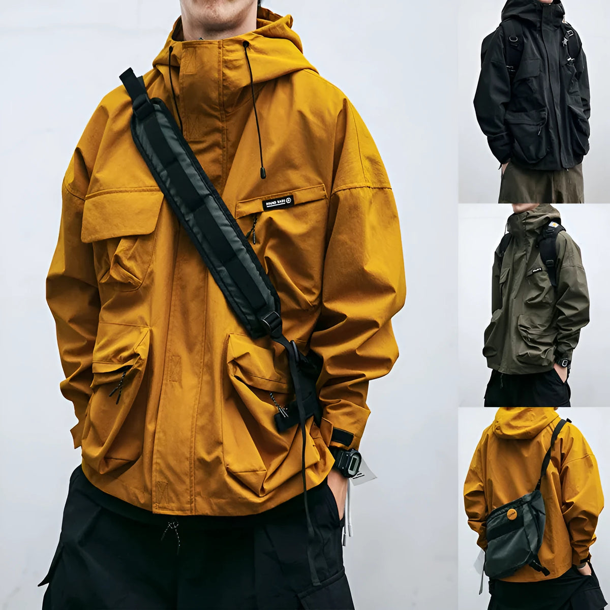 Men's loose hooded windproof jacket with three-dimensional side seam pockets in black, yellow, or green, sizes M to XXXL