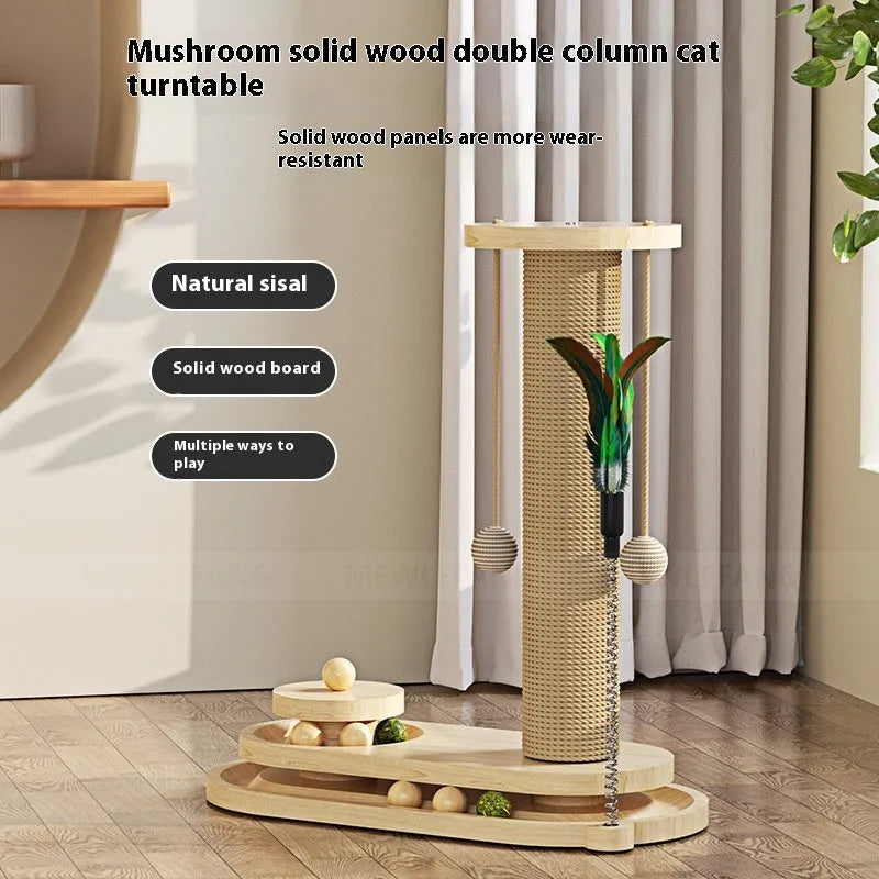 Solid wood cat scratching post with climbing frame and turntable design for indoor cats