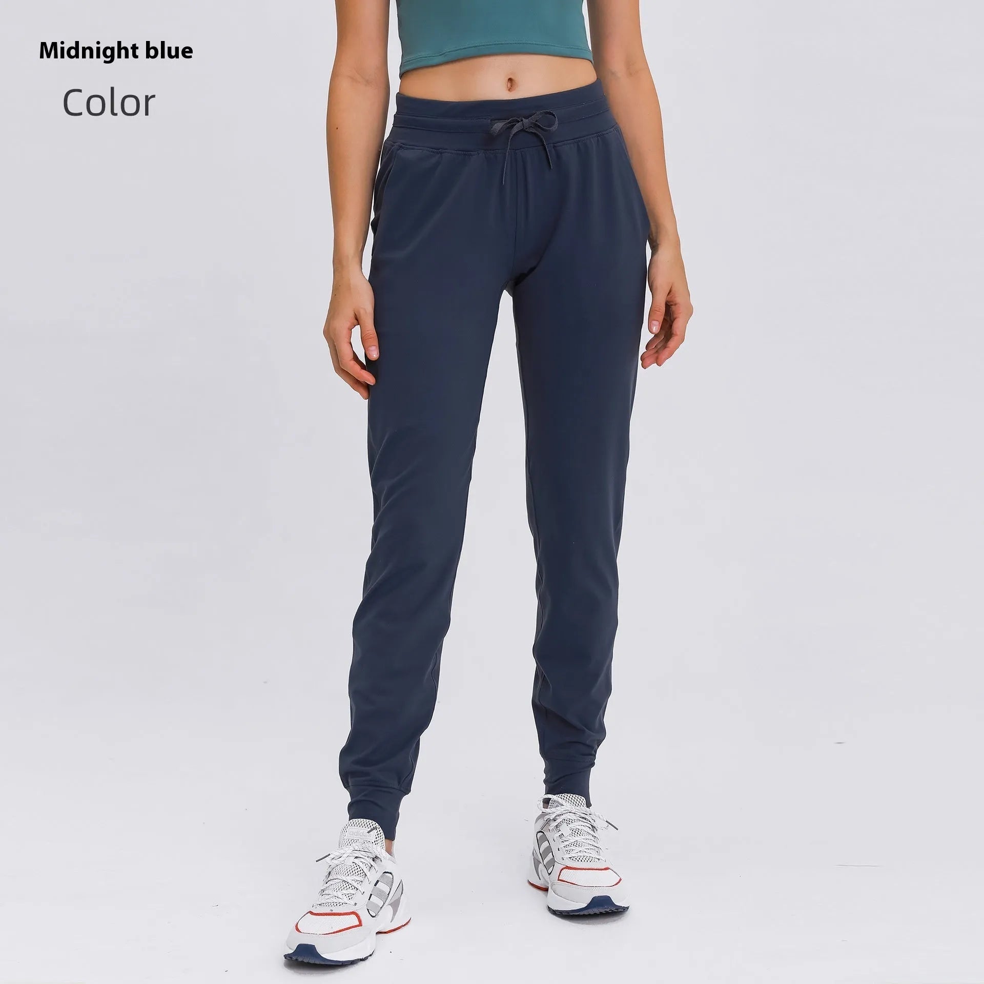 Women's high waist yoga pants in Belgian Blue colour with drawstring waistband for running fitness