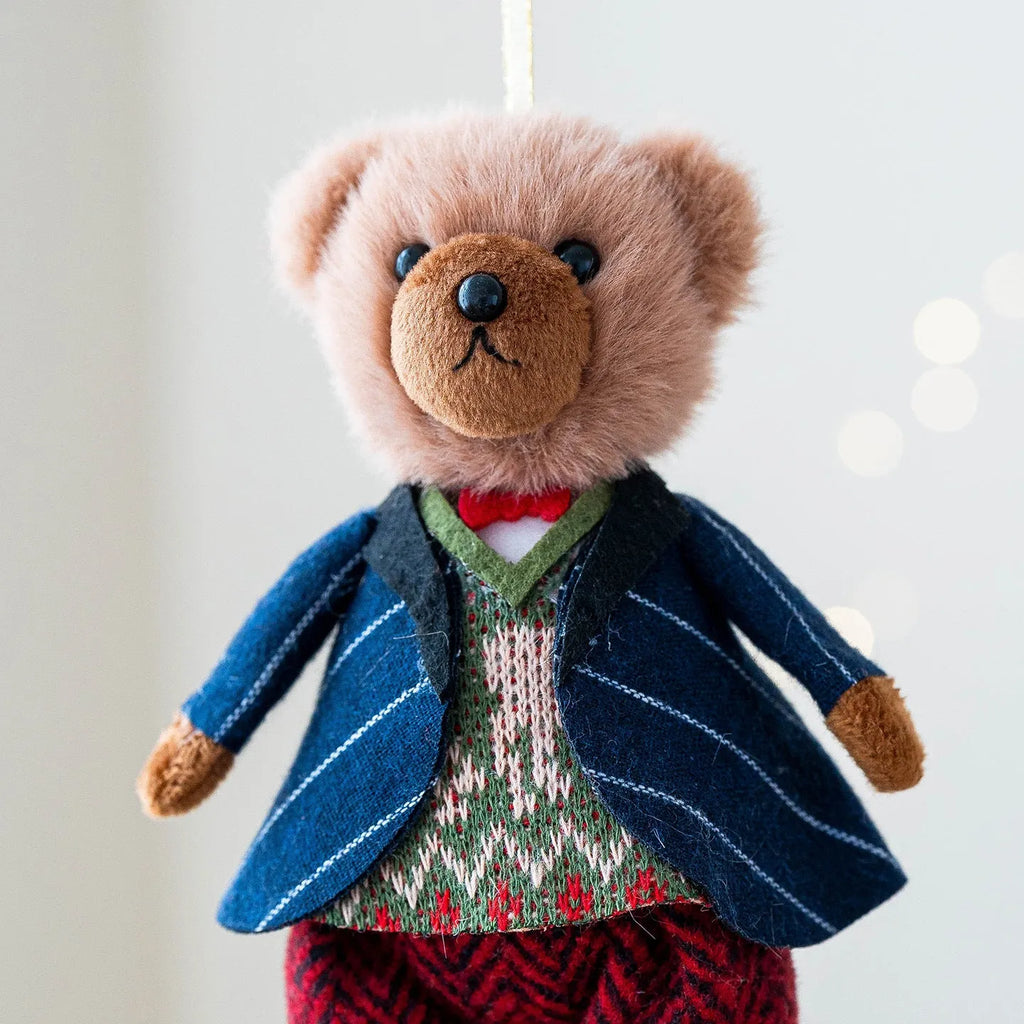 A soft cloth plush bear doll showing two colour options: a princess bear and a gentleman bear with a plaid suit.