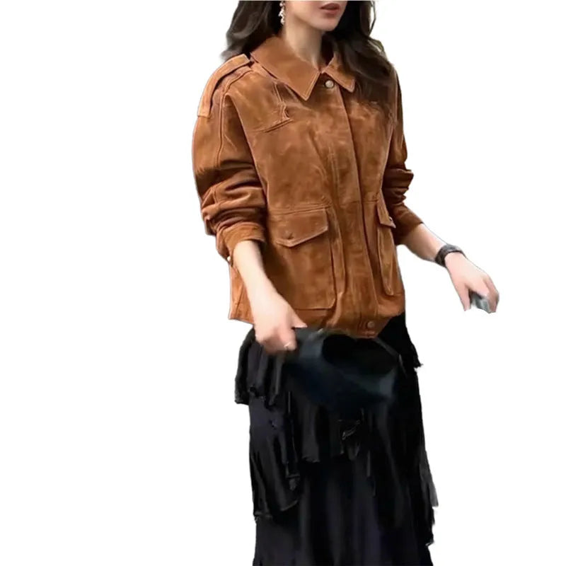 Women's brown suede-effect polyester coat with regular sleeves on a hanger