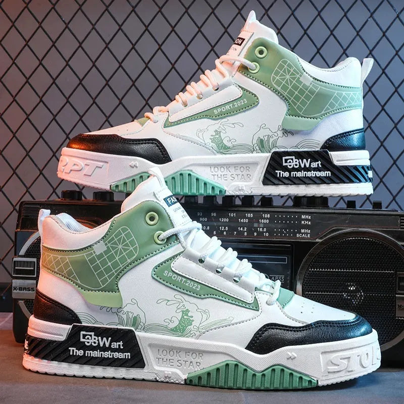 Men's beige high-top lace-up board shoes with a cloth upper and rubber sole on a white background.
