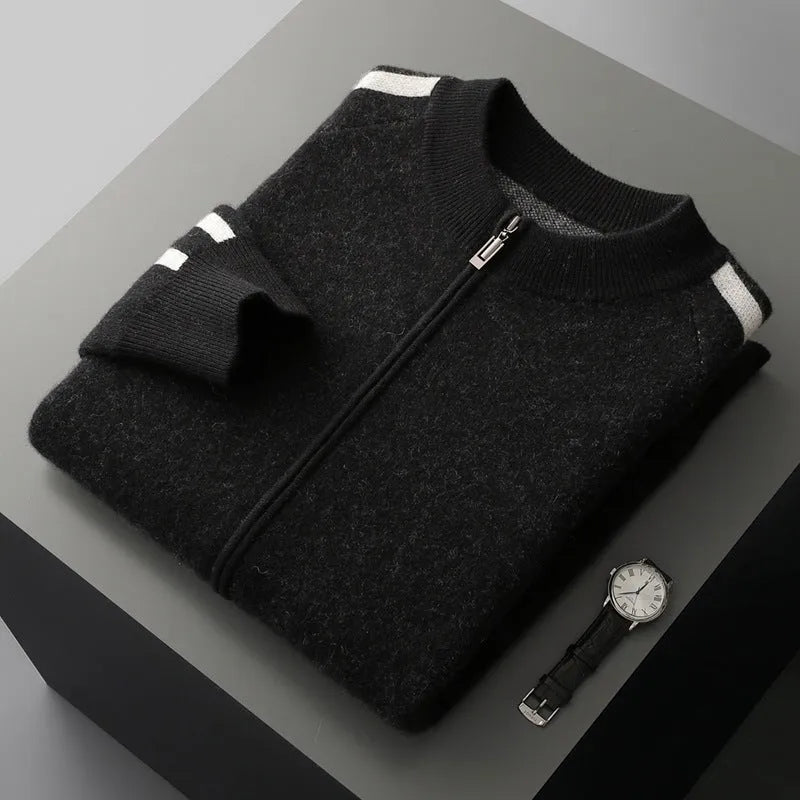 Thickened pure wool half turtleneck cardigan in light gray with button front and long sleeves