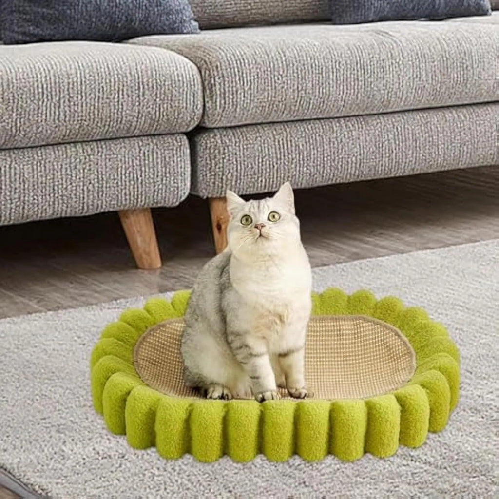 Green oval cat scratching pad and bed made from sisal material