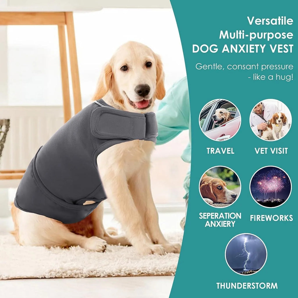 Grey dog anxiety vest with adjustable straps, shock protection features, worn by a small dog, sizes XS-XXXL available