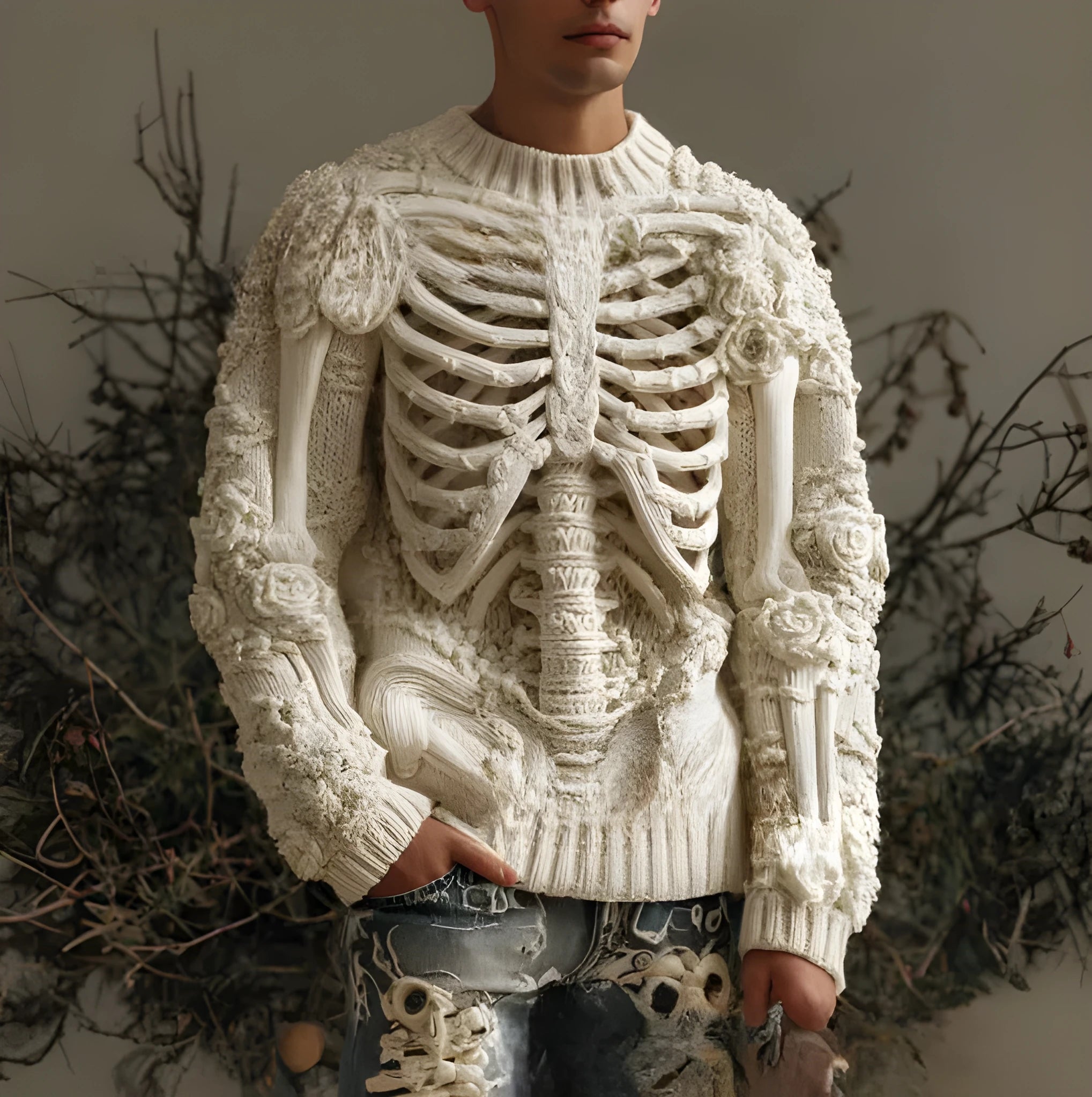 Beige 3D digital print thick needle round neck pullover polyester sweater on model