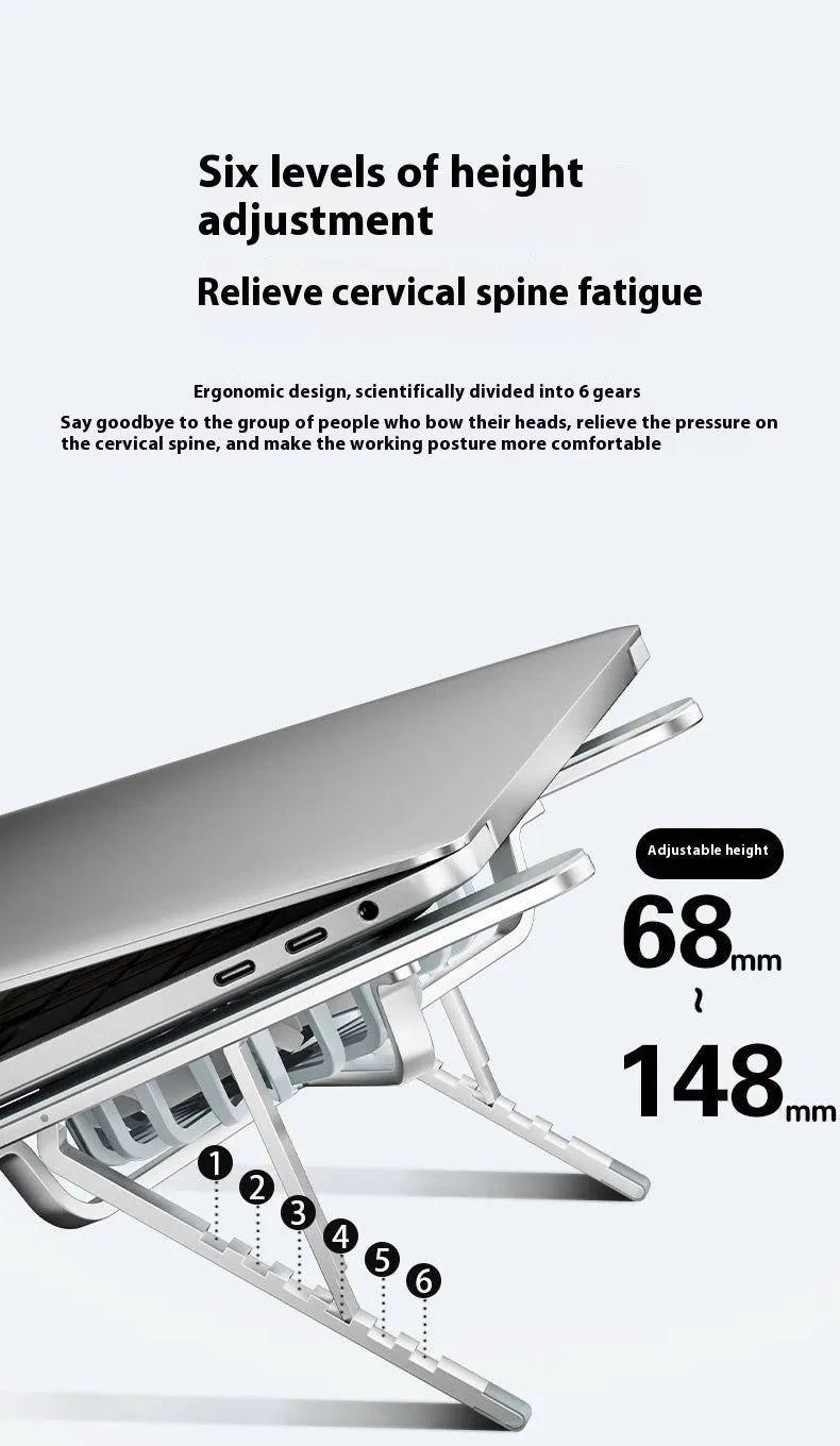 Silver aluminium laptop stand with twin blue LED cooling fans in a folded position next to its cloth carry bag.