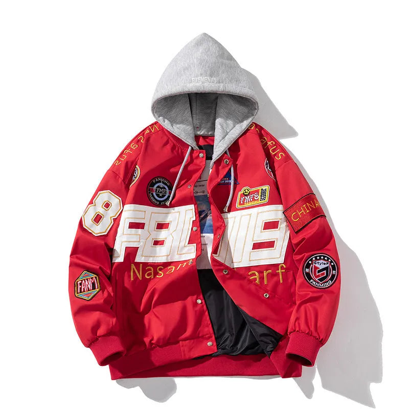 Black cotton-padded American motorcycle baseball jacket with a removable hood and side pockets.