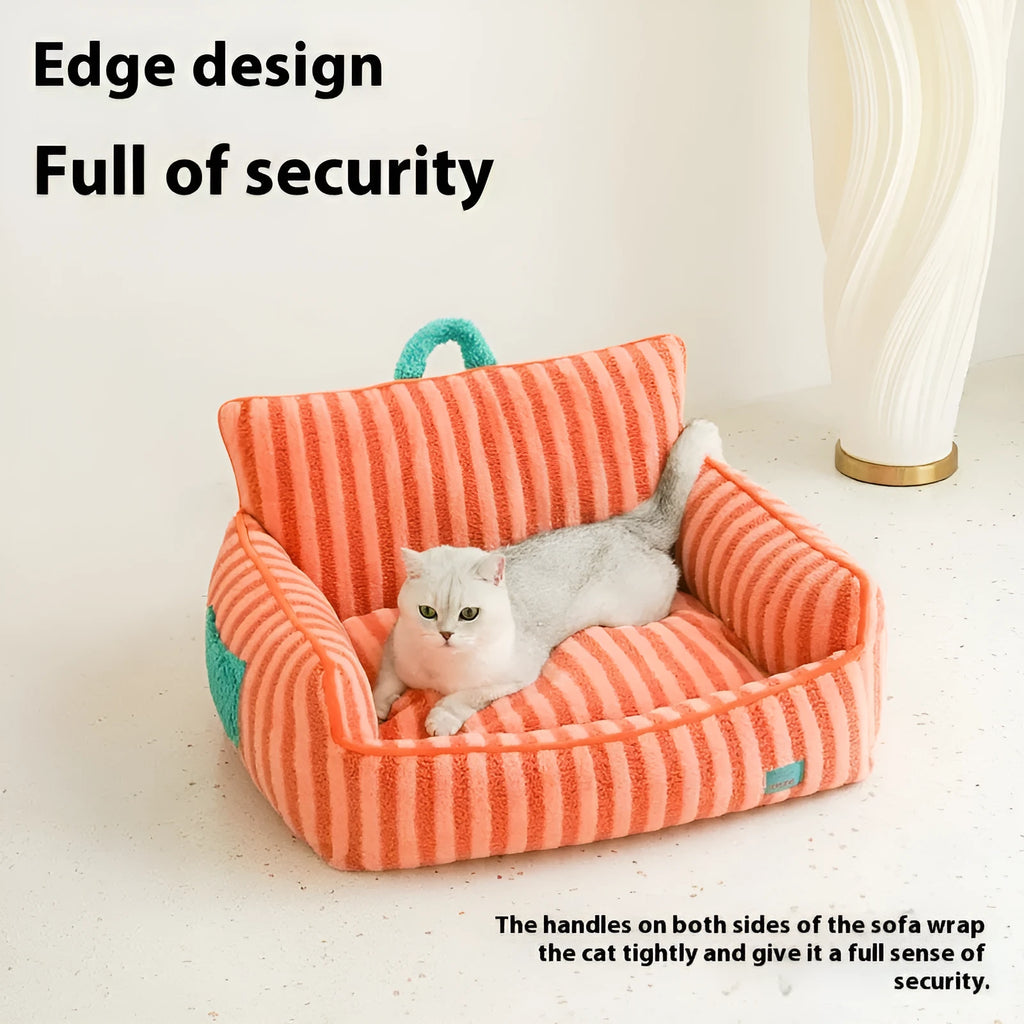 Striped orange plush dog bed with a removable cover for small to medium dogs.