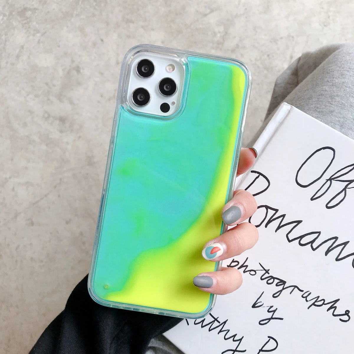 Luminous quicksand glitter phone case for iPhone, TPU rear cover, available in multiple colours.