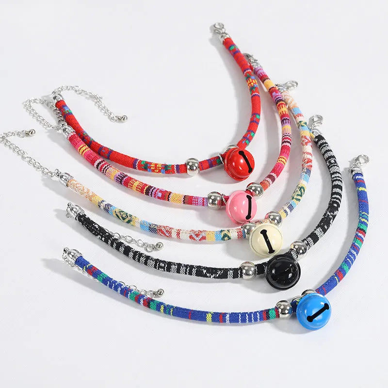 Ethnic pattern adjustable pet collar with bell in multiple colour options