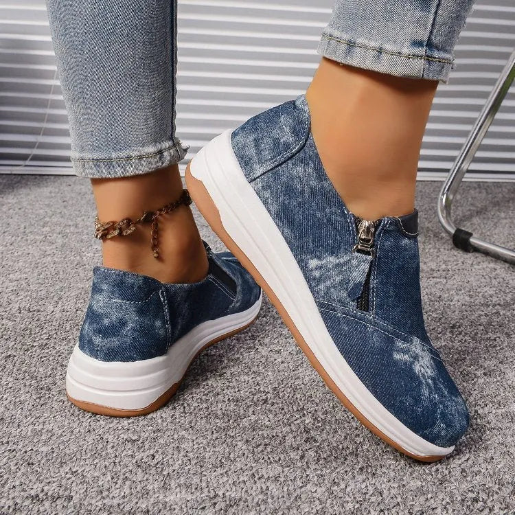 Plus size women's canvas slip-on shoes, round toe, flat rubber sole, blue or brown, sizes 36 to 43