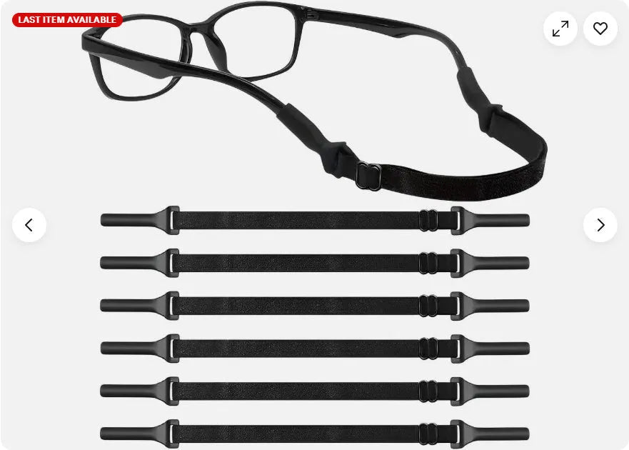 Black adjustable glasses cord strap with silicone earpiece ends shown on spectacles