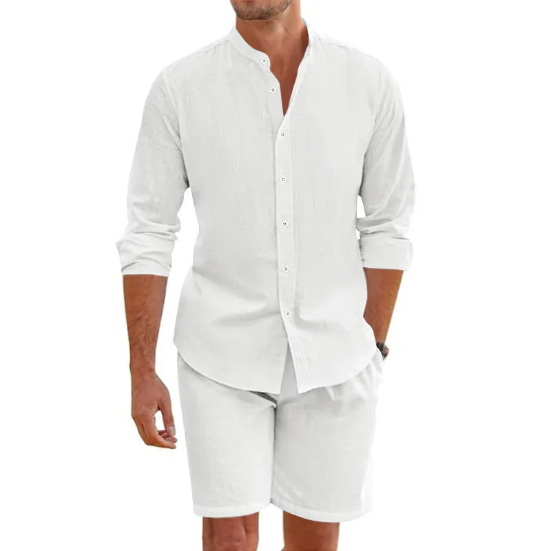 Men's summer short sleeve shirt and drawstring shorts set in hemp blend fabric