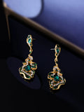 Chinese style alloy ear studs with ring element, 7.1x2.5cm, vintage temperament, purple and green colours