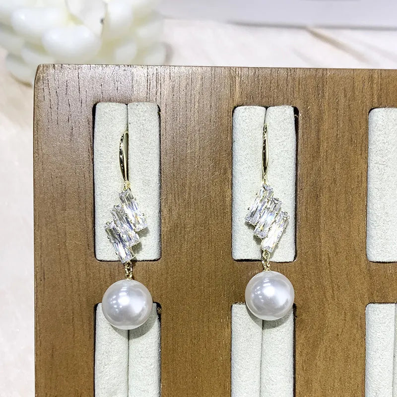 French style micro inlaid sparkling diamond pearl hook earrings in gold colour